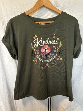 Womens Floral Drawstring Tee - Olive Green "Kindness comes from within"